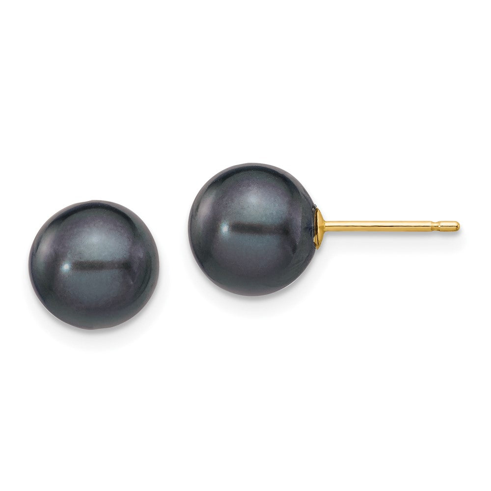 14K Yellow Gold 8 9mm Black Round Freshwater Cultured Pearl Stud Post Earrings