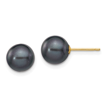 14K Yellow Gold 8 9mm Black Round Freshwater Cultured Pearl Stud Post Earrings