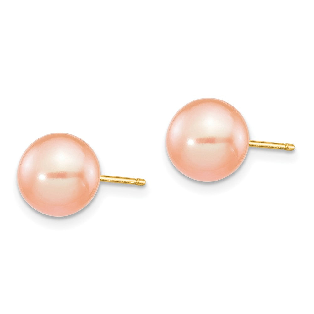 14K Yellow Gold 8 9mm Pink Round Freshwater Cultured Pearl Stud Post Earrings