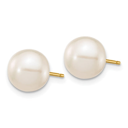 14K Yellow Gold 8 9mm White Round Freshwater Cultured Pearl Stud Post Earrings