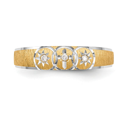 14K Yellow Gold And Rhodium Aa Quality .03 Carat Diamond Trio Ladies Complete Wedding Band With Cross