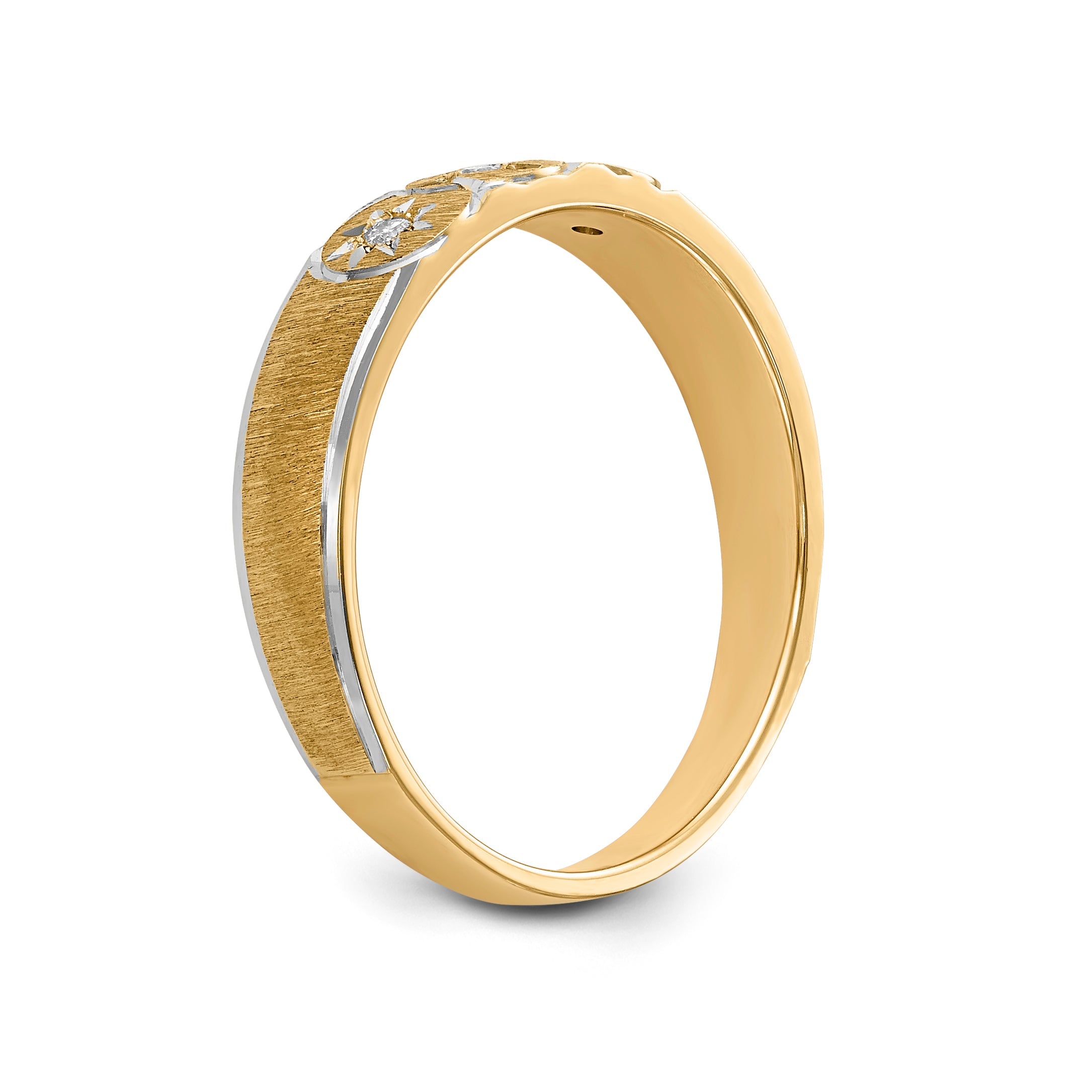 14K Yellow Gold And Rhodium Aa Quality .03 Carat Diamond Trio Ladies Complete Wedding Band With Cross