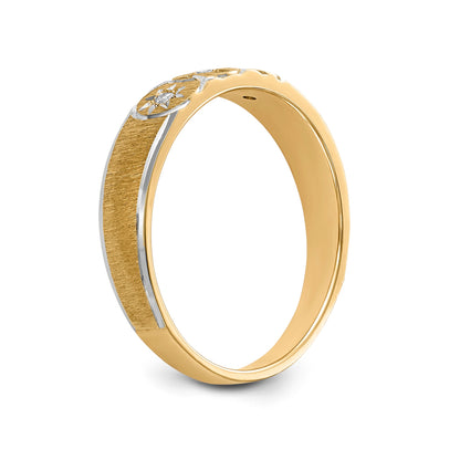 14K Yellow Gold And Rhodium Aa Quality .03 Carat Diamond Trio Ladies Complete Wedding Band With Cross