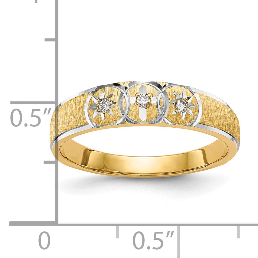 14K Yellow Gold And Rhodium Aa Quality .03 Carat Diamond Trio Ladies Complete Wedding Band With Cross