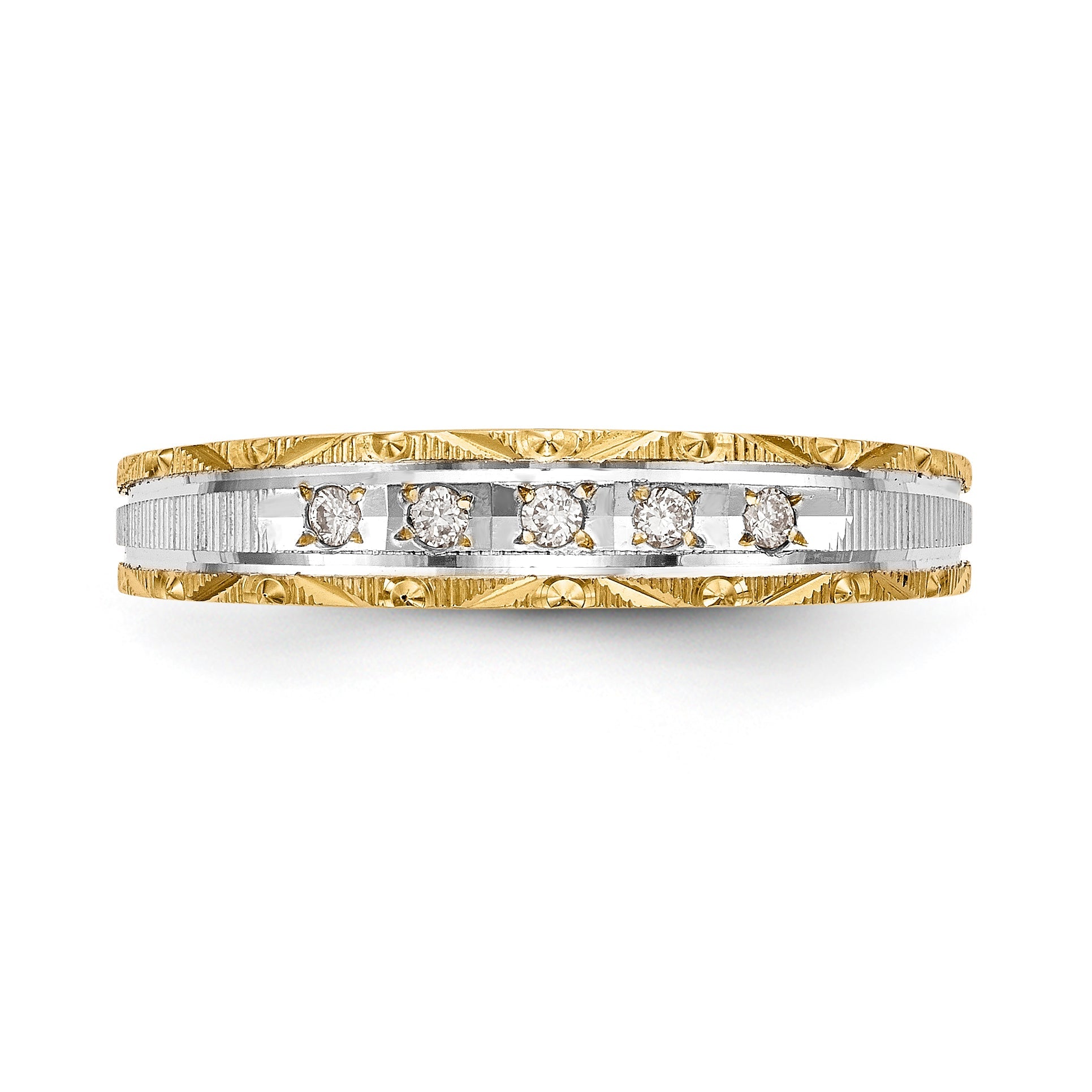 14K Yellow Gold And Rhodium Aa Quality 1/20 Carat Diamond Trio Ladies Complete Wedding Band