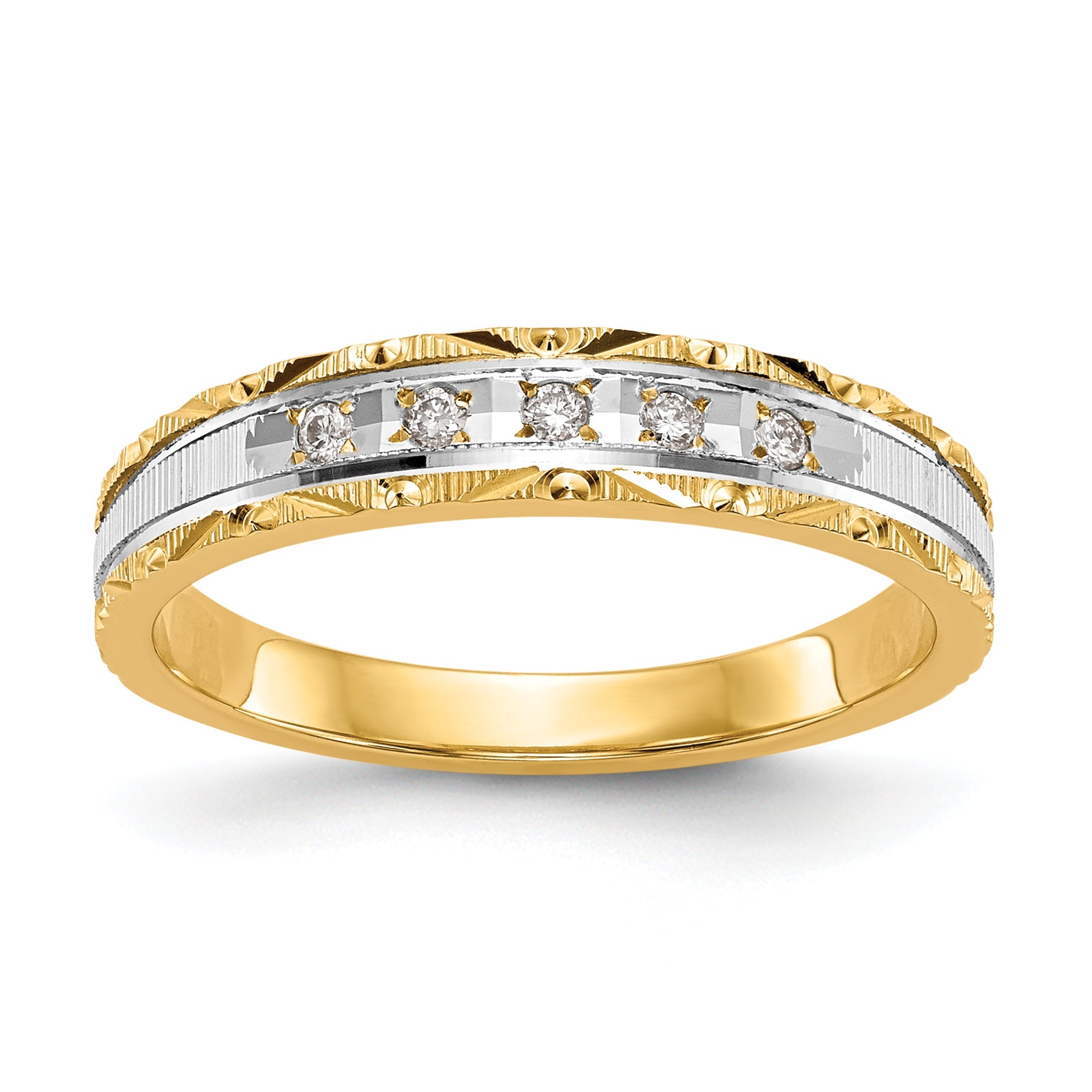 14K Yellow Gold And Rhodium Aa Quality 1/20 Carat Diamond Trio Ladies Complete Wedding Band