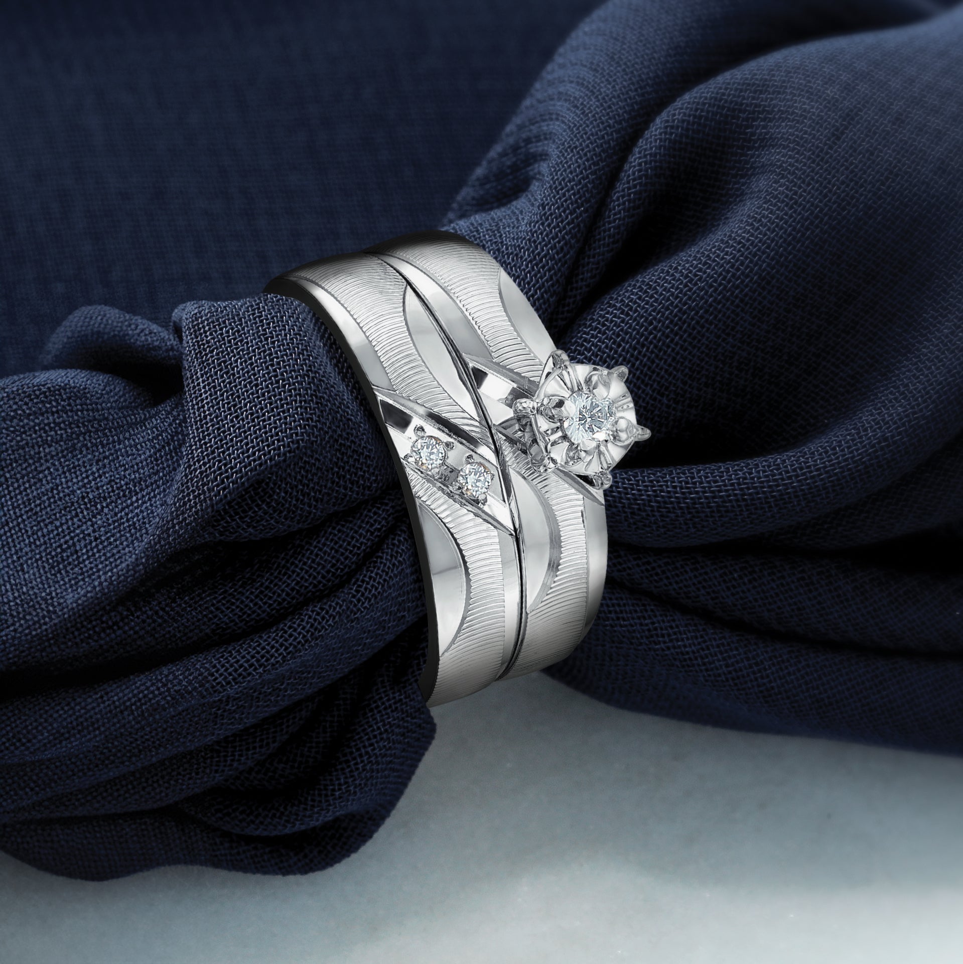 14K White Gold Aa Quality .02 Carat Diamond Trio Ladies Complete Wedding Band