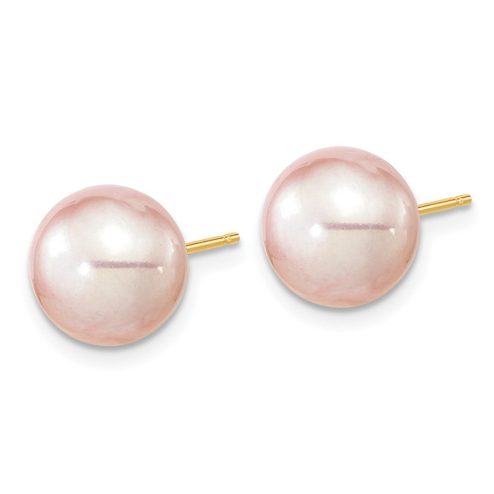 14K Yellow Gold 9 10mm Purple Round Freshwater Cultured Pearl Stud Post Earrings