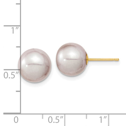 14K Yellow Gold 9 10mm Purple Round Freshwater Cultured Pearl Stud Post Earrings