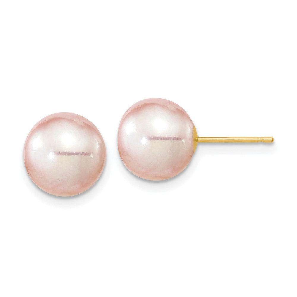 14K Yellow Gold 9 10mm Purple Round Freshwater Cultured Pearl Stud Post Earrings