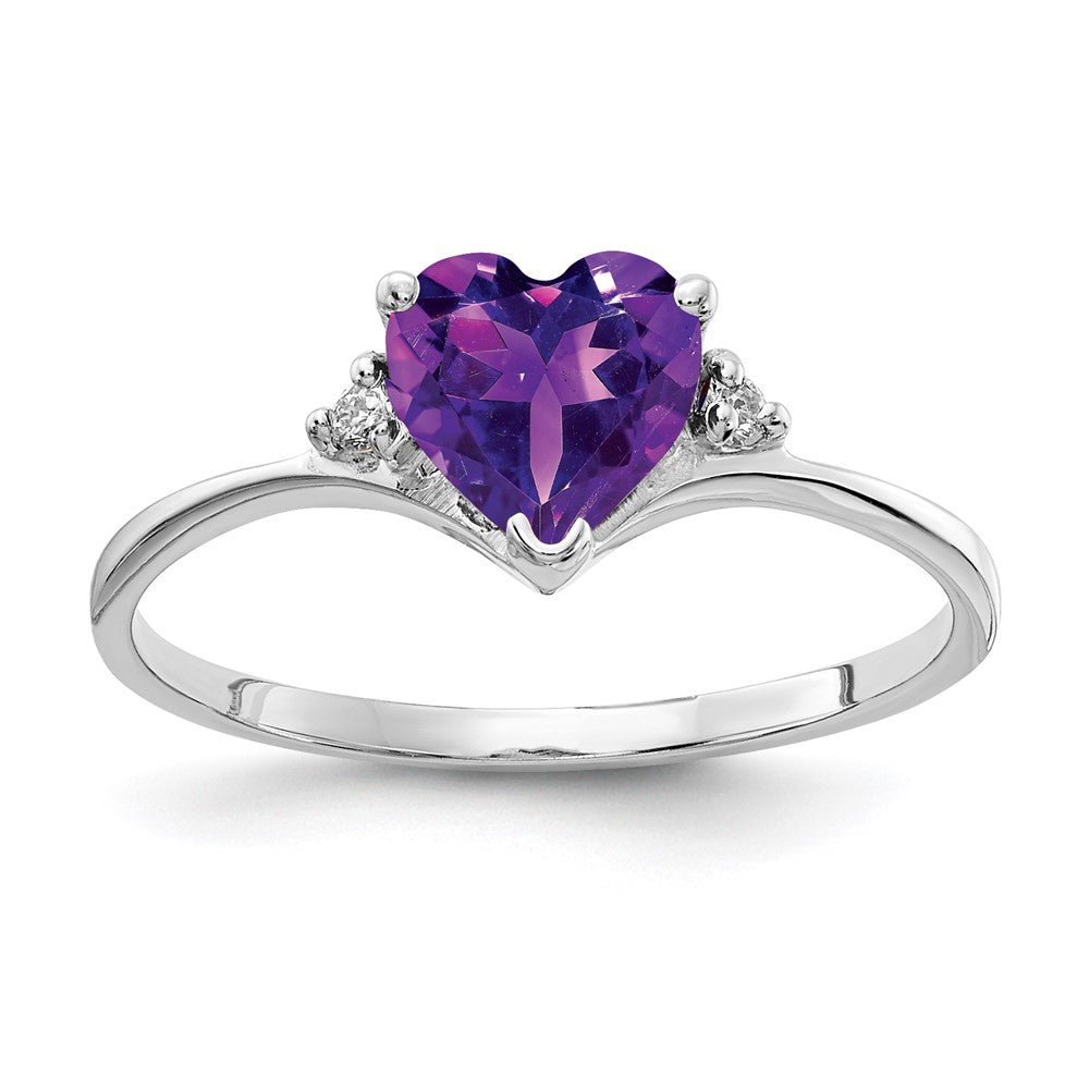 14K White Gold 6mm Heart Amethyst A Diamond Ring