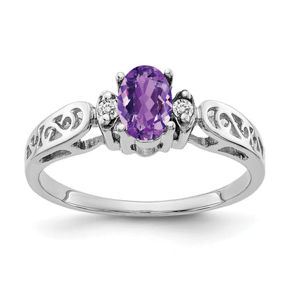 14K White Gold 6X4mm Oval Amethyst Checker Aa Diamond Ring