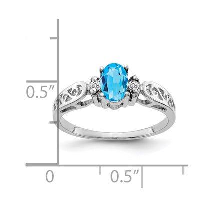 14K White Gold 6X4mm Oval Blue Topaz Aaa Diamond Ring