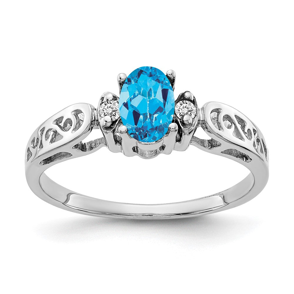 14K White Gold 6X4mm Oval Blue Topaz Aaa Diamond Ring