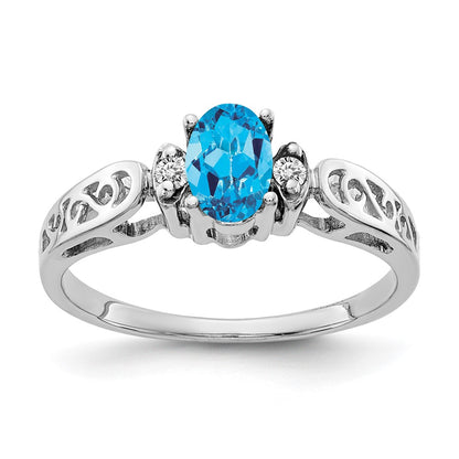 14K White Gold 6X4mm Oval Blue Topaz Checker Vs Diamond Ring