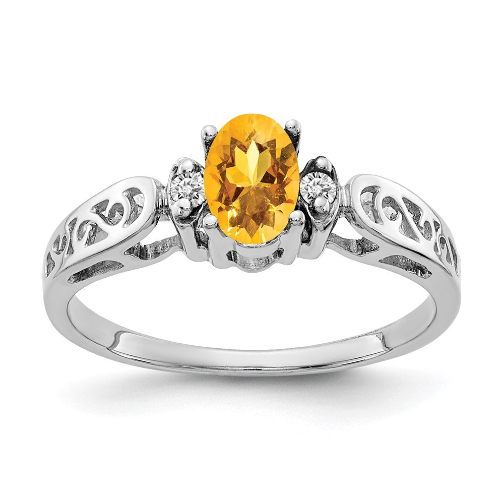 14K White Gold 6X4mm Oval Citrine Checker Vs Diamond Ring