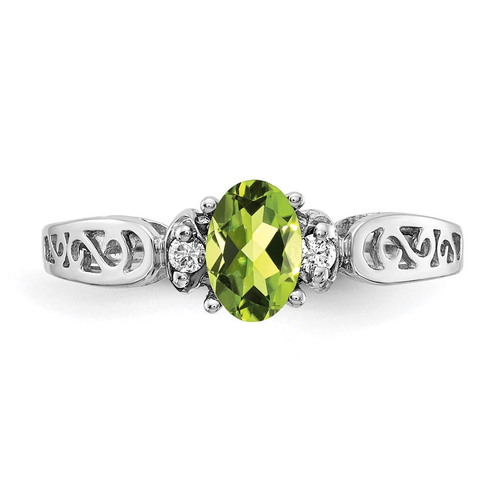 14K White Gold 6X4mm Oval Peridot Checker Aa Diamond Ring