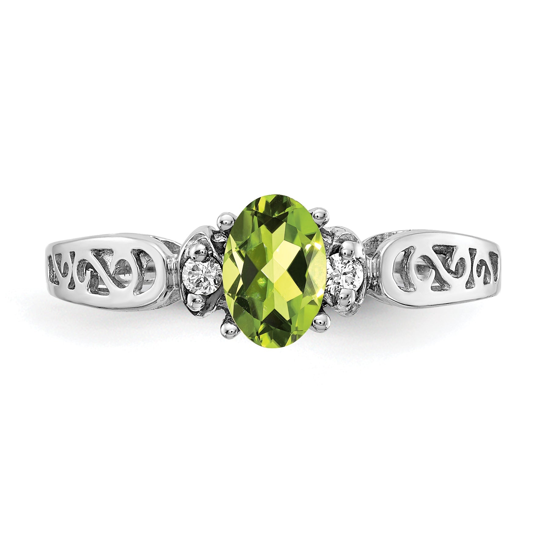 14K White Gold 6X4mm Oval Peridot Checker A Diamond Ring