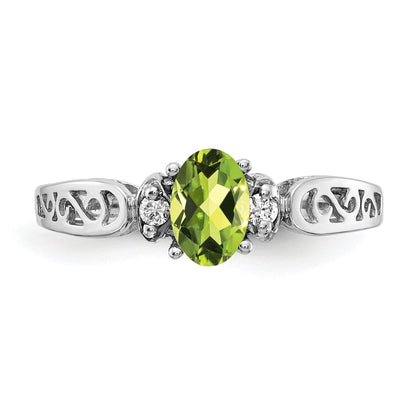 14K White Gold 6X4mm Oval Peridot Checker A Diamond Ring