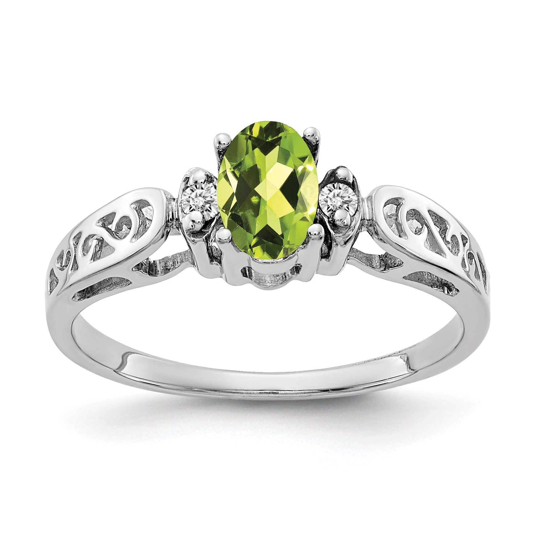 14K White Gold 6X4mm Oval Peridot Checker A Diamond Ring