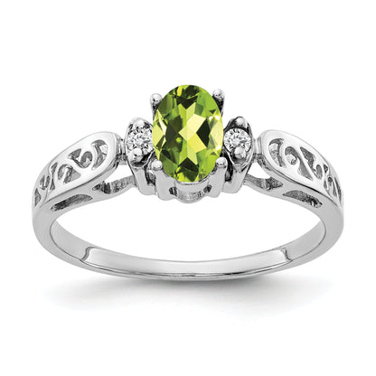 14K White Gold 6X4mm Oval Peridot Checker A Diamond Ring