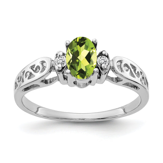 14K White Gold 6X4mm Oval Peridot Checker A Diamond Ring