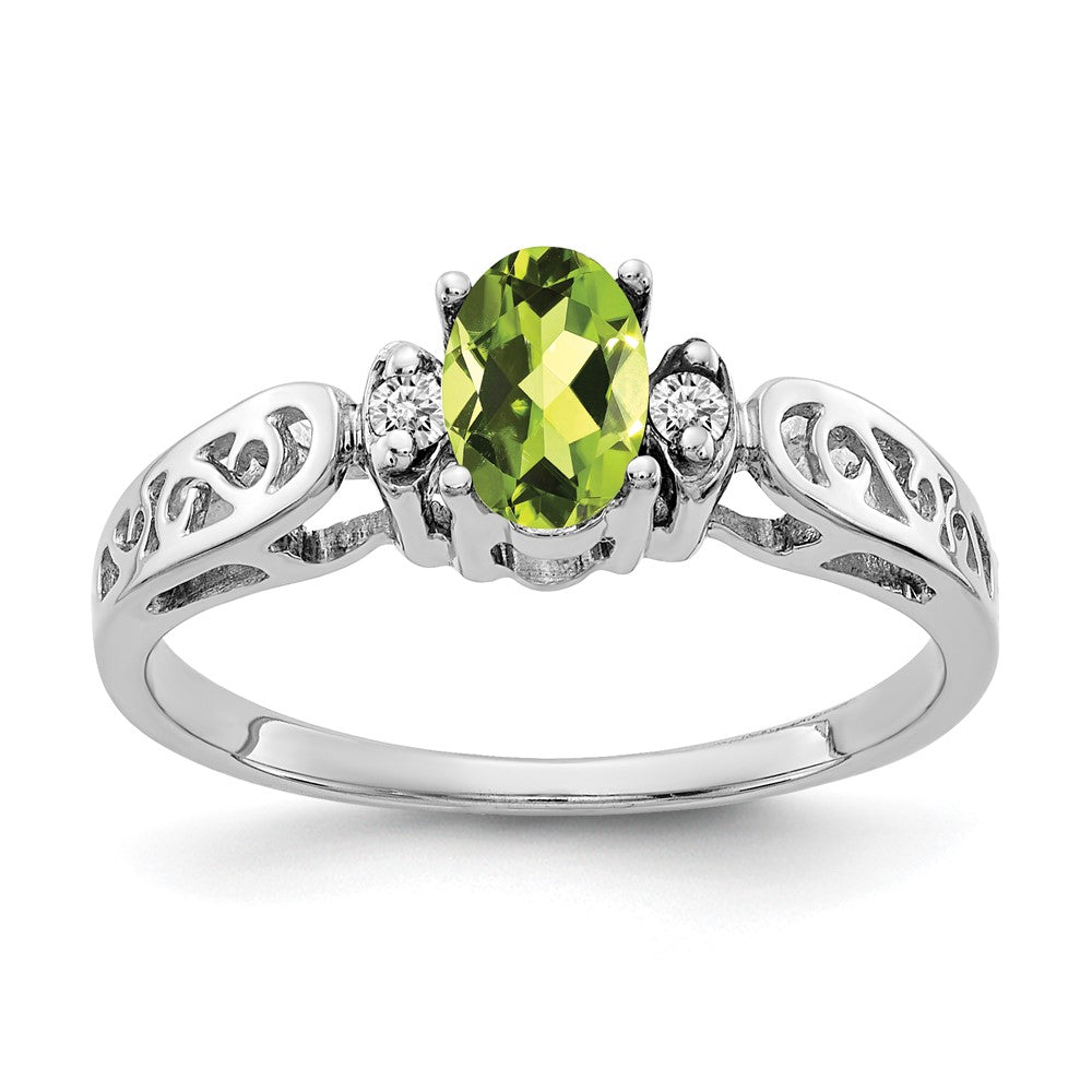 14k White Gold 6x4mm Oval Peridot Checker AAA Real Diamond ring