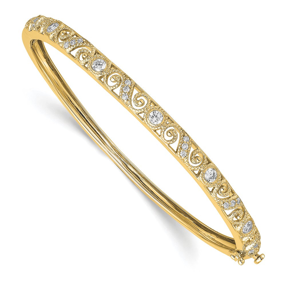 14K Yellow Gold Swirl Design Complete 3/4 Carat Aa Diamond Hinged Oval Bangle Bracelet