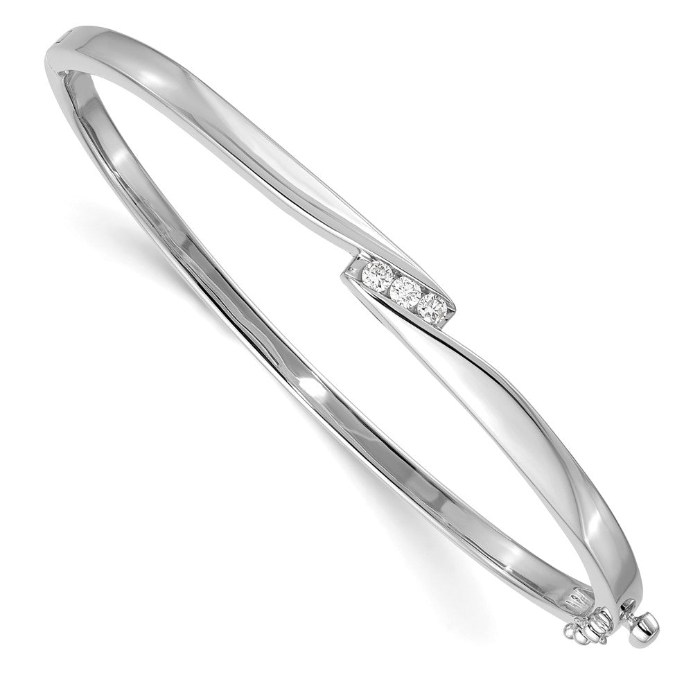 14K White Gold Complete 3 Stone 1/8 Carat A Diamond Hinged Oval Bangle Bracelet