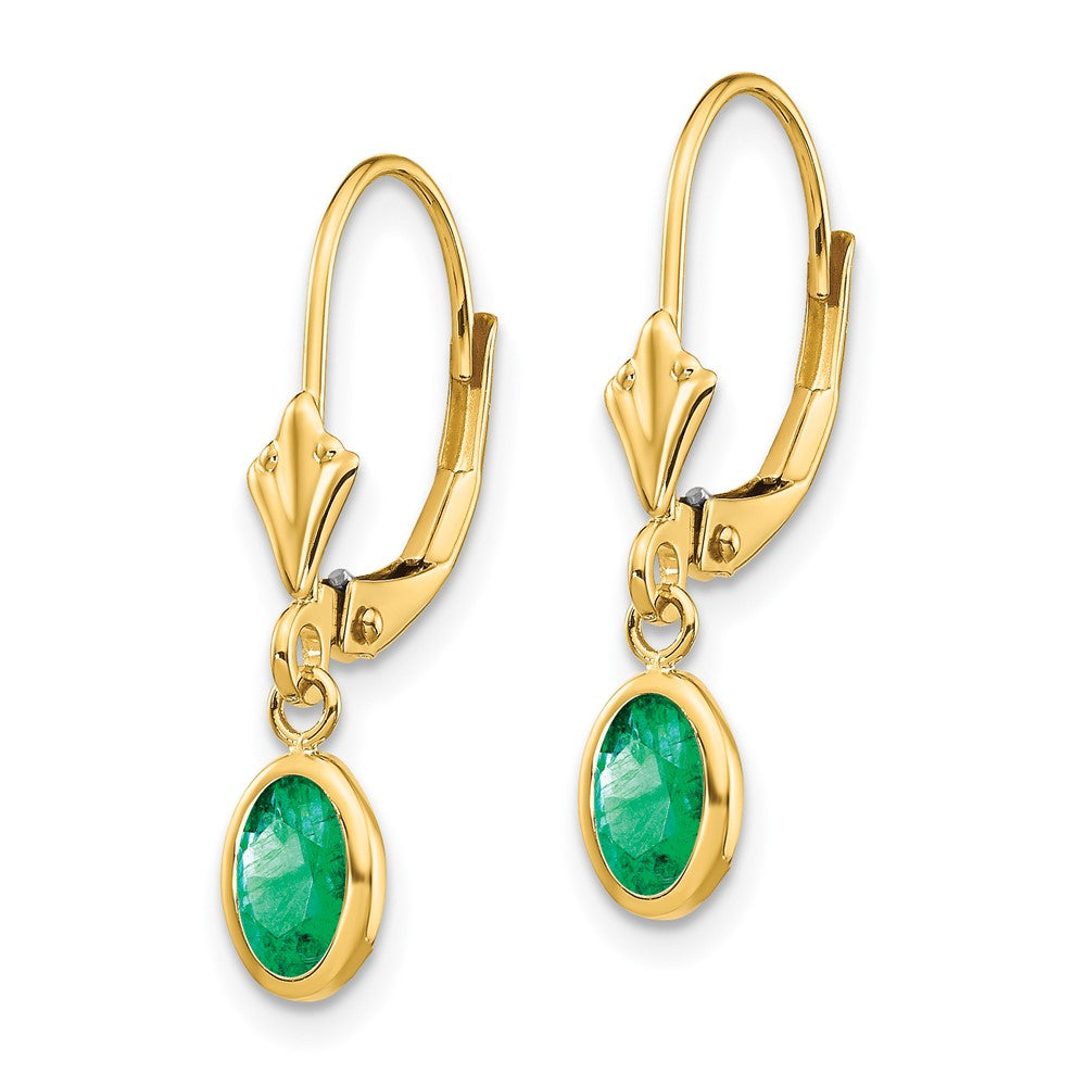 14K Yellow Gold 6X4 Oval Bezel May/Emerald Leverback Earrings