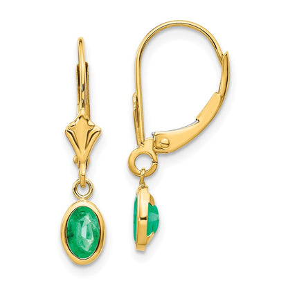 14K Yellow Gold 6X4 Oval Bezel May/Emerald Leverback Earrings