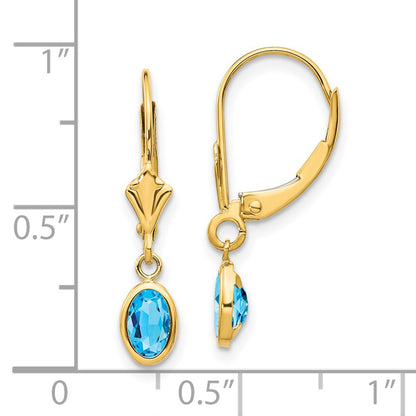 14K Yellow Gold 6X4 Oval Bezel December/Blue Topaz Leverback Earrings