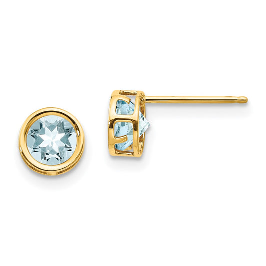14K Yellow Gold 5mm Bezel Aquamarine Stud Earrings