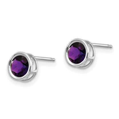 14K White Gold 5mm Bezel Amethyst Stud Earrings
