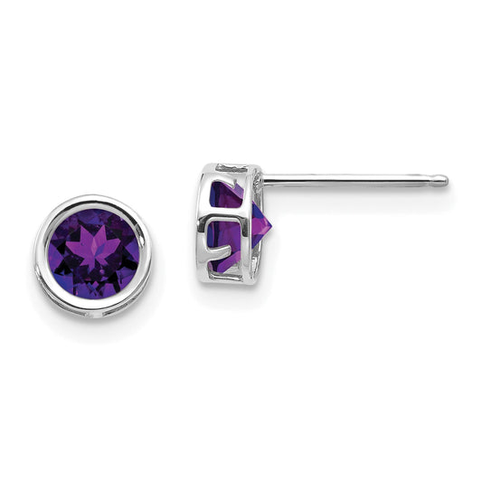 14K White Gold 5mm Bezel Amethyst Stud Earrings