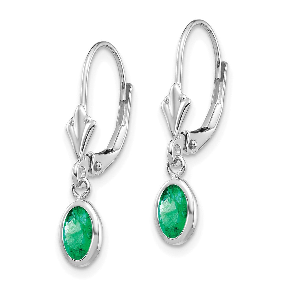 14K White Gold 6X4 Oval Bezel May/Emerald Leverback Earrings