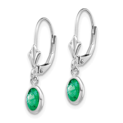 14K White Gold 6X4 Oval Bezel May/Emerald Leverback Earrings