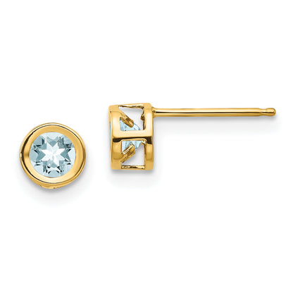 14K Yellow Gold 4mm Bezel March/Aquamarine Post Earrings