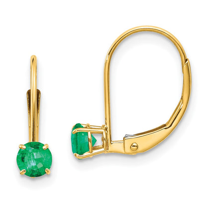 14K Yellow Gold 4mm Round May/Emerald Leverback Earrings