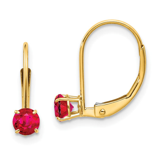 14K Yellow Gold 4mm Round July/Ruby Leverback Earrings