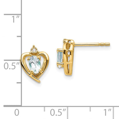 14K Yellow Gold Aquamarine And Diamond Heart Earrings