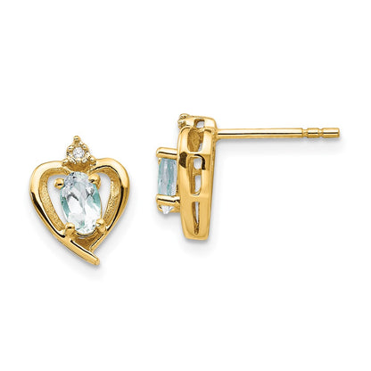14K Yellow Gold Aquamarine And Diamond Heart Earrings