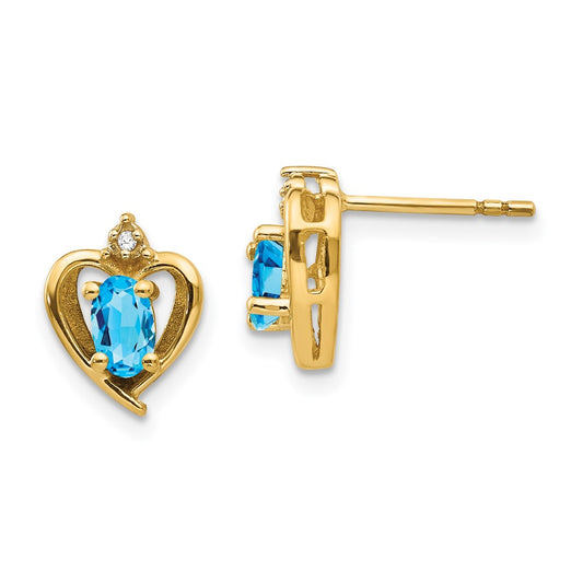 14K Yellow Gold Blue Topaz And Diamond Heart Earrings