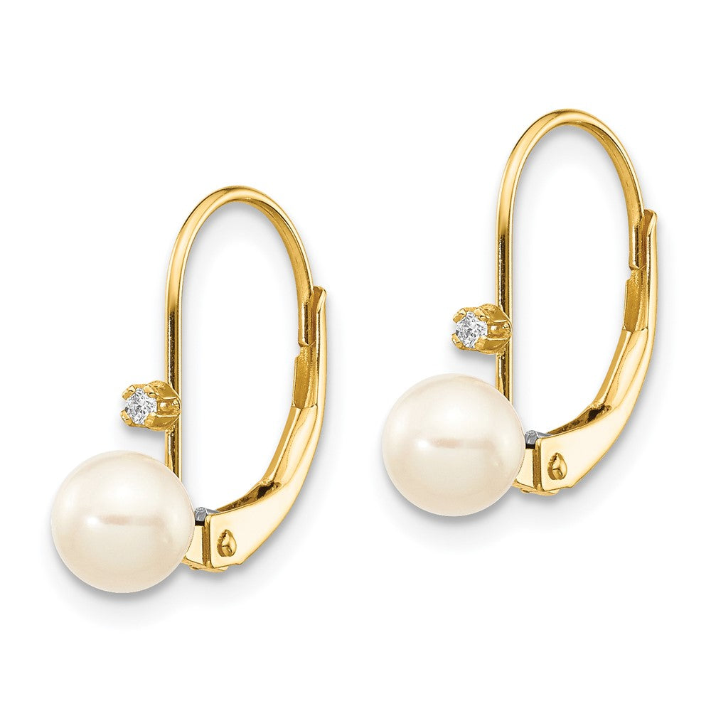 14K Yellow Gold 5 6mm White Round Freshwater Cultured Pearl And .02 Carat Diamond Leverback Earrings