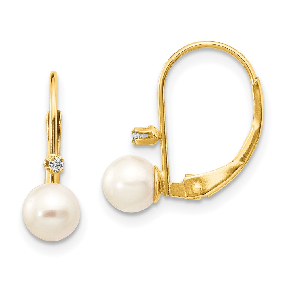 14K Yellow Gold 5 6mm White Round Freshwater Cultured Pearl And .02 Carat Diamond Leverback Earrings