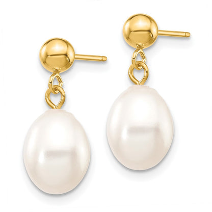 14K Yellow Gold 7 8mm White Rice Freshwater Cultured Pearl Post Dangle Earrings