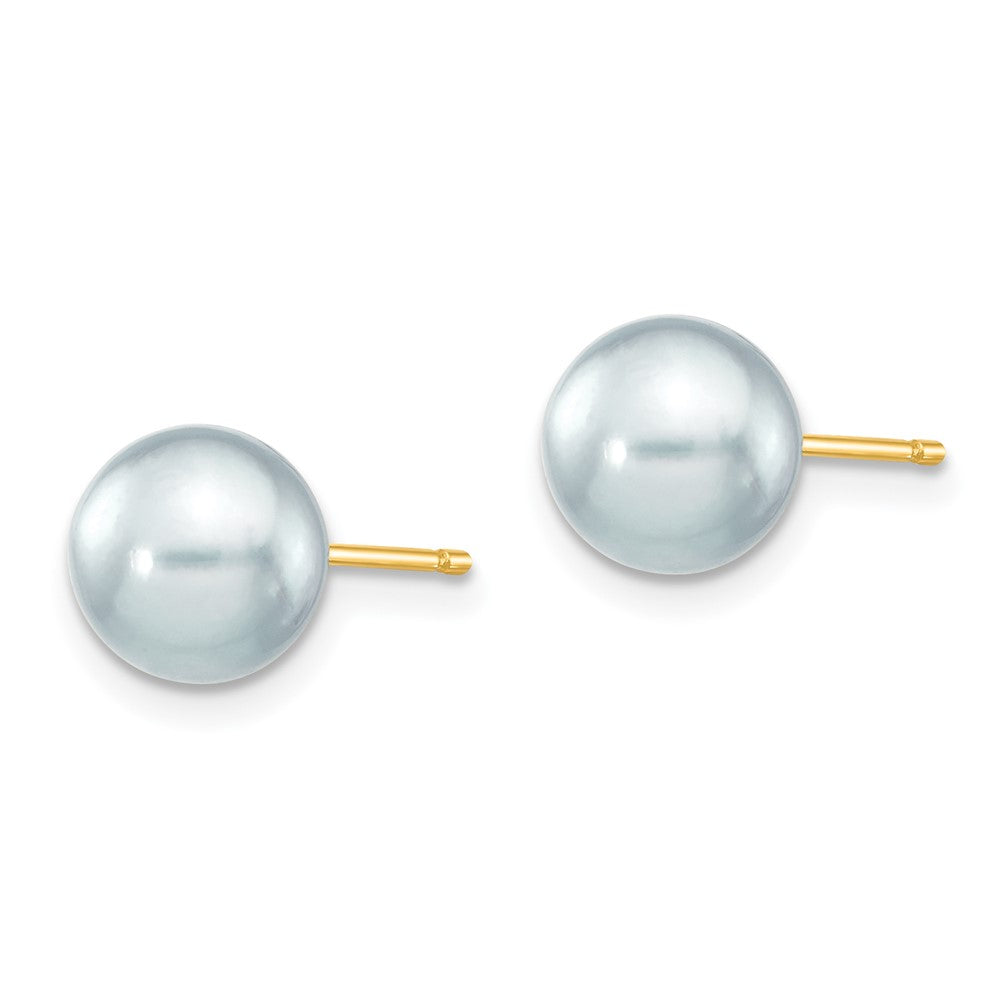 14K Yellow Gold 7 8mm Grey Round Akoya Saltwater Cultured Pearl Post Earrings