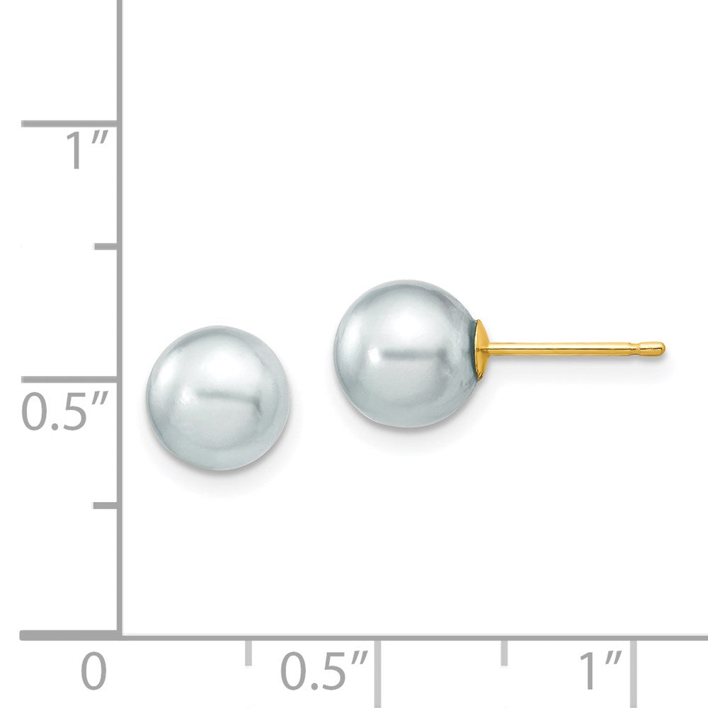 14K Yellow Gold 7 8mm Grey Round Akoya Saltwater Cultured Pearl Post Earrings