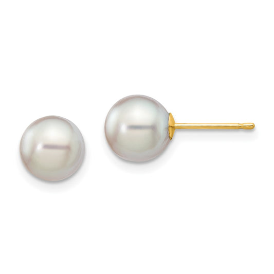 14K Yellow Gold 7 8mm Grey Round Akoya Saltwater Cultured Pearl Post Earrings