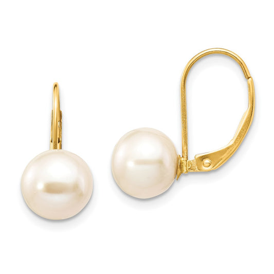 14K Yellow Gold 8 9mm White Round Freshwater Cultured Pearl Leverback Earrings